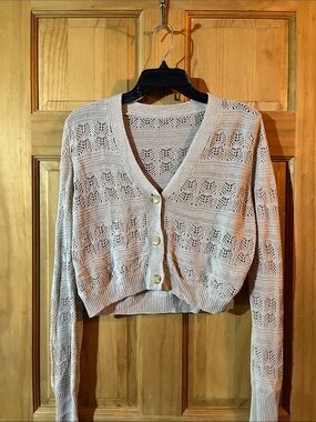 Tan Openwork V-Neck Button Cropped Sweater